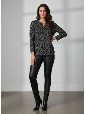 Simply Emma Metallic Zebra Print 1X Blouse Gold Accent Keyhole Neck Whimsigoth